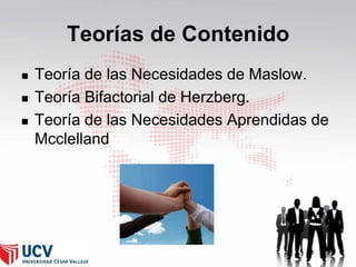 Teorías de Contenido





Teoría de las Necesidades de Maslow.
Teoría Bifactorial de Herzberg.
Teoría de las Necesidades Aprendidas de
Mcclelland

35

 
