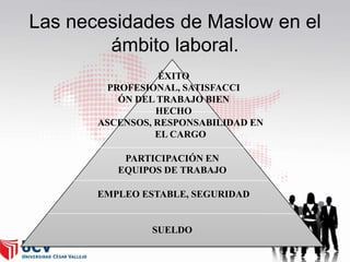 Las necesidades de Maslow en el
ámbito laboral.
ÉXITO
PROFESIONAL, SATISFACCI
ÓN DEL TRABAJO BIEN
HECHO
ASCENSOS, RESPONSABILIDAD EN
EL CARGO

PARTICIPACIÓN EN
EQUIPOS DE TRABAJO
EMPLEO ESTABLE, SEGURIDAD

SUELDO
37

 