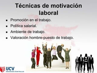 Técnicas de motivación
laboral


Promoción en el trabajo.



Política salarial.



Ambiente de trabajo.



Valoración hombre-puesto de trabajo.

50

 