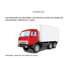 Canales (C) 
Las propuestas de valor llegan a los clientes a través de canales de 
comunicación, distribución y venta. 
Osterwalder. Generación de modelos de negocio. 
 