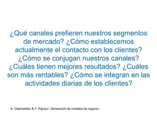 ¿Qué canales prefieren nuestros segmentos 
de mercado? ¿Cómo establecemos 
actualmente el contacto con los clientes? 
¿Cómo se conjugan nuestros canales? 
¿Cuáles tienen mejores resultados? ¿Cuáles 
son más rentables? ¿Cómo se integran en las 
actividades diarias de los clientes? 
A. Osterwalder & Y. Pigneur. Generación de modelos de negocio. 
 