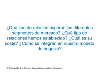 ¿Qué tipo de relación esperan los diferentes 
segmentos de mercado? ¿Qué tipo de 
relaciones hemos establecido? ¿Cuál es su 
coste? ¿Cómo se integran en nuestro modelo 
de negocio? 
A. Osterwalder & Y. Pigneur. Generación de modelos de negocio. 
 