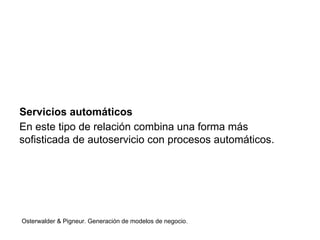 Servicios automáticos 
En este tipo de relación combina una forma más 
sofisticada de autoservicio con procesos automáticos. 
Osterwalder & Pigneur. Generación de modelos de negocio. 
 
