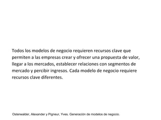 Todos los modelos de negocio requieren recursos clave que 
permiten a las empresas crear y ofrecer una propuesta de valor, 
llegar a los mercados, establecer relaciones con segmentos de 
mercado y percibir ingresos. Cada modelo de negocio requiere 
recursos clave diferentes. 
Osterwalder, Alexander y Pigneur, Yves. Generación de modelos de negocio. 
 