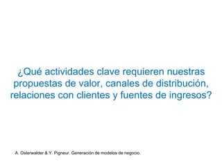 ¿Qué actividades clave requieren nuestras 
propuestas de valor, canales de distribución, 
relaciones con clientes y fuentes de ingresos? 
A. Osterwalder & Y. Pigneur. Generación de modelos de negocio. 
 