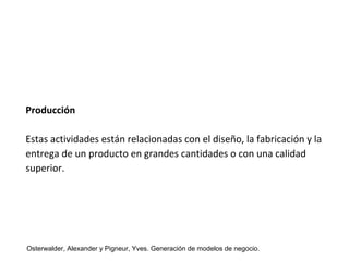 Producción 
Estas actividades están relacionadas con el diseño, la fabricación y la 
entrega de un producto en grandes cantidades o con una calidad 
superior. 
Osterwalder, Alexander y Pigneur, Yves. Generación de modelos de negocio. 
 
