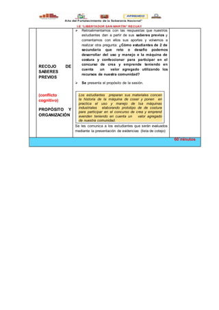 RECOJO DE
SABERES
PREVIOS
(conflicto
cognitivo)
PROPÓSITO Y
ORGANIZACIÓN
 Retroalimentamos con las respuestas que nuestros
estudiantes dan a partir de sus saberes previos y
comentamos con ellos sus aportes y volvemos a
realizar otra pregunta: ¿Cómo estudiantes de 2 de
secundaria que reto o desafío podemos
desarrollar del uso y manejo e la màquina de
costura y confeccionar para participar en el
concurso de crea y emprende teniendo en
cuenta un valor agregado utilizando los
recursos de nuestra comunidad?
 Se presenta el propósito de la sesión.
Se les comunica a los estudiantes que serán evaluados
mediante la presentación de evidencias (lista de cotejo)
60`minutos
Los estudiantes preparan sus materiales concen
la historia de la màquina de coser y ponen en
practica el uso y manejo de lsa máquinas
industriales elaborando prototipo de de costura
para participar en el concurso de crea y emprend
evenden teniendo en cuenta un valor agregado
de nuestra comunidad.
 