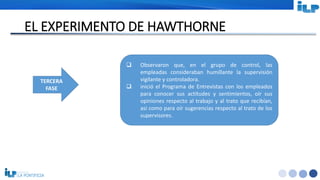 <#>
EL EXPERIMENTO DE HAWTHORNE
TERCERA
FASE
 Observaron que, en el grupo de control, las
empleadas consideraban humillante la supervisión
vigilante y controladora.
 inició el Programa de Entrevistas con los empleados
para conocer sus actitudes y sentimientos, oír sus
opiniones respecto al trabajo y al trato que recibían,
así como para oír sugerencias respecto al trato de los
supervisores.
 