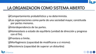 <#>
LA ORGANIZACION COMO SISTEMA ABIERTO
Comportamiento probabilístico y no determinista.
Las organizaciones como parte de una sociedad mayor, constituida
por partes menores.
Interdependencia de las partes.
Homeostasis o estado de equilibrio (unidad de dirección y progreso
con el fin).
Frontera o limite.
Morfogénesis (capacidad de modificarse a si mismo).
Resistencia (capacidad de superar un disturbio)
 