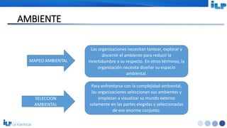 <#>
AMBIENTE
MAPEO AMBIENTAL
Las organizaciones necesitan tantear, explorar y
discernir el ambiente para reducir la
incertidumbre a su respecto. En otros términos, la
organización necesita diseñar su espacio
ambiental.
SELECCION
AMBIENTAL
Para enfrentarse con la complejidad ambiental,
las organizaciones seleccionan sus ambientes y
empiezan a visualizar su mundo externo
solamente en las partes elegidas y seleccionadas
de ese enorme conjunto.
 