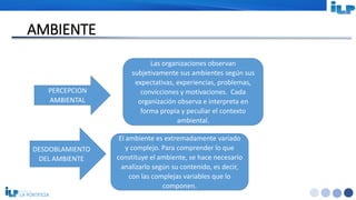 <#>
AMBIENTE
PERCEPCION
AMBIENTAL
Las organizaciones observan
subjetivamente sus ambientes según sus
expectativas, experiencias, problemas,
convicciones y motivaciones. Cada
organización observa e interpreta en
forma propia y peculiar el contexto
ambiental.
DESDOBLAMIENTO
DEL AMBIENTE
El ambiente es extremadamente variado
y complejo. Para comprender lo que
constituye el ambiente, se hace necesario
analizarlo según su contenido, es decir,
con las complejas variables que lo
componen.
 