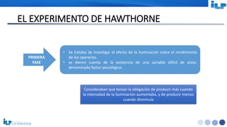 <#>
EL EXPERIMENTO DE HAWTHORNE
PRIMERA
FASE
• Se trataba de investigar el efecto de la iluminación sobre el rendimiento
de los operarios.
• se dieron cuenta de la existencia de una variable difícil de aislar,
denominada factor psicológico.
Consideraban que tenían la obligación de producir más cuando
la intensidad de la iluminación aumentaba, y de producir menos
cuando disminuía
 