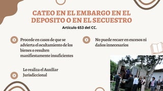 CATEO EN EL EMBARGO EN EL
DEPOSITO O EN EL SECUESTRO
Procedeencasosdequese
adviertaelocultamientodelos
bienesoresulten
manifiestamenteinsuficientes
LorealizaelAuxiliar
Jurisdiccional
Nopuederecaerenexcesosni
dañosinnecesarios
Artículo 653 del CC.
 