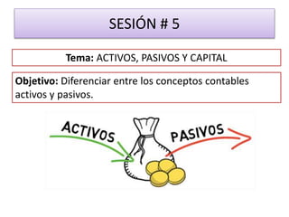 SESIÓN # 5
Objetivo: Diferenciar entre los conceptos contables
activos y pasivos.
Tema: ACTIVOS, PASIVOS Y CAPITAL
 
