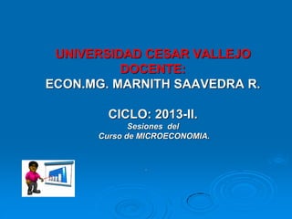 UNIVERSIDAD CESAR VALLEJO
DOCENTE:
ECON.MG. MARNITH SAAVEDRA R.
CICLO: 2013-II.
Sesiones del
Curso de MICROECONOMIA.

.

 