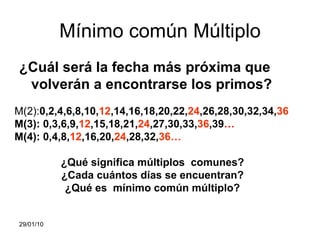 Mínimo común Múltiplo ¿Cuál será la fecha más próxima que volverán a encontrarse los primos? 05/02/10 M(2): 0,2,4,6,8,10, 12 ,14,16,18,20,22, 24 ,26,28,30,32,34, 36 M(3): 0,3,6,9, 12 ,15,18,21, 24 ,27,30,33, 36 ,39 … M(4): 0,4,8, 12 ,16,20, 24 ,28,32, 36… ¿Qué significa múltiplos  comunes? ¿Cada cuántos días se encuentran? ¿Qué es  mínimo común múltiplo? 