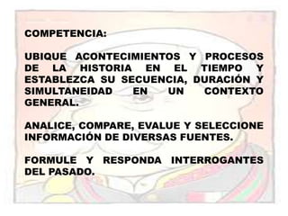 COMPETENCIA:UBIQUE ACONTECIMIENTOS Y PROCESOS DE LA HISTORIA EN EL TIEMPO Y ESTABLEZCA SU SECUENCIA, DURACIÓN Y SIMULTANEIDAD EN UN CONTEXTO GENERAL.ANALICE, COMPARE, EVALUE Y SELECCIONE INFORMACIÓN DE DIVERSAS FUENTES.FORMULE Y RESPONDA INTERROGANTES DEL PASADO.