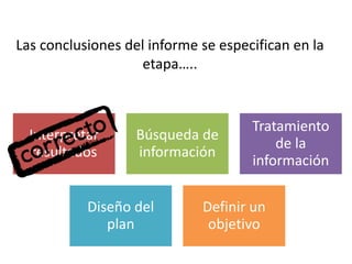 Interpretar
resultados
Búsqueda de
información
Tratamiento
de la
información
Diseño del
plan
Definir un
objetivo
Las conclusiones del informe se especifican en la
etapa…..