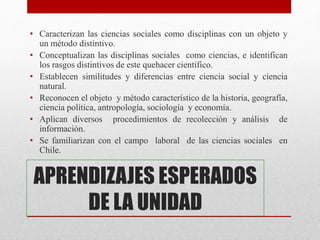APRENDIZAJES ESPERADOS
DE LA UNIDAD
• Caracterizan las ciencias sociales como disciplinas con un objeto y
un método distintivo.
• Conceptualizan las disciplinas sociales como ciencias, e identifican
los rasgos distintivos de este quehacer científico.
• Establecen similitudes y diferencias entre ciencia social y ciencia
natural.
• Reconocen el objeto y método característico de la historia, geografía,
ciencia política, antropología, sociología y economía.
• Aplican diversos procedimientos de recolección y análisis de
información.
• Se familiarizan con el campo laboral de las ciencias sociales en
Chile.
 