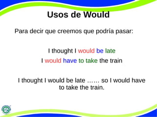 Usos de Would 
Para decir que creemos que podría pasar: 
I thought I would be late 
I would have to take the train 
I thought I would be late …… so I would have 
to take the train. 
 