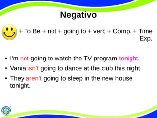 Negativo 
+ To Be + not + going to + verb + Comp. + Time 
Exp. 
● I'm not going to watch the TV program tonight. 
● Vania isn't going to dance at the club this night. 
● They aren't going to sleep in the new house 
tonight. 
 