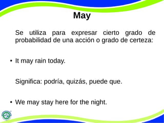 May
Se utiliza para expresar cierto grado de
probabilidad de una acción o grado de certeza:
● It may rain today.
Significa: podría, quizás, puede que.
● We may stay here for the night.
 