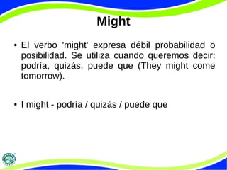 Might
● El verbo 'might' expresa débil probabilidad o
posibilidad. Se utiliza cuando queremos decir:
podría, quizás, puede que (They might come
tomorrow).
● I might - podría / quizás / puede que
 