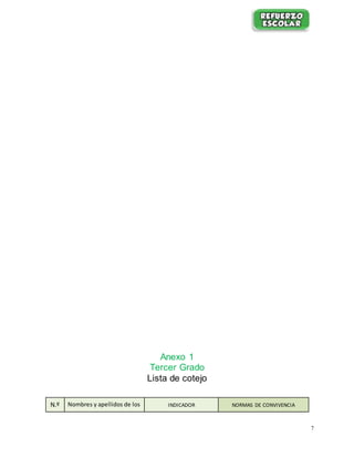 7
Anexo 1
Tercer Grado
Lista de cotejo
N.º Nombres y apellidos de los INDICADOR NORMAS DE CONVIVENCIA
 