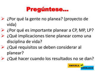 Pregúntese…
 ¿Por qué la gente no planea? (proyecto de
vida)
 ¿Por qué es importante planear a CP, MP, LP?
 ¿Qué implicaciones tiene planear como una
disciplina de vida?
 ¿Qué requisitos se deben considerar al
planear?
 ¿Qué hacer cuando los resultados no se dan?
 