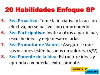 20 Habilidades Enfoque SP
5. Sea Proactivo: Tome la iniciativa y la acción
efectiva, no se pasivo sino emprendedor
6. Sea Participativo: Invite a otros a participar,
escuche ideas y deje desarrollarlas.
7. Sea Promotor de Valores: Asegúrese que
sus visiones estén basadas en valores. (V/V)
8. Sea Ponente de la Idea: Estructure ideas y
aprenda a venderlas exitosamente.
 