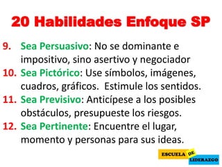 20 Habilidades Enfoque SP
9. Sea Persuasivo: No se dominante e
impositivo, sino asertivo y negociador
10. Sea Pictórico: Use símbolos, imágenes,
cuadros, gráficos. Estimule los sentidos.
11. Sea Previsivo: Anticípese a los posibles
obstáculos, presupueste los riesgos.
12. Sea Pertinente: Encuentre el lugar,
momento y personas para sus ideas.
 