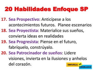 20 Habilidades Enfoque SP
17. Sea Prospectivo: Anticípese a los
acontecimientos futuros. Planee escenarios
18. Sea Proyectista: Materialice sus sueños,
convierta ideas en realidades
19. Sea Progresista: Piense en el futuro,
fabríquelo, constrúyalo.
20. Sea Patrocinador de sueños: Lidere
visiones, invierta en la ilusiones y anhelos
del corazón.
 