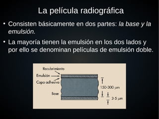 La película radiográfica
●
Consisten básicamente en dos partes: la base y la
emulsión.
●
La mayoría tienen la emulsión en los dos lados y
por ello se denominan películas de emulsión doble.
 