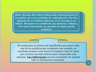 2
Rosa llevaba dos años trabajando intensamente en
un guión, pero no acababa de redondearlo. Por fin,
después de un último esfuerzo, se lo entregó a su
editor. Recuperó el crédito de sus lectores y obtuvo,
tres años más tarde, un premio al mejor guión
original.
Rosa llevaba dos años trabajando intensamente en
un guión, pero no acababa de redondearlo. Por fin,
después de un último esfuerzo, se lo entregó a su
editor. Recuperó el crédito de sus lectores y obtuvo,
tres años más tarde, un premio al mejor guión
original.
Si sumásemos el número de significados que posee cada
una de las palabras que componen este ejemplo, su
resultado siempre será menor al cómputo total de ideas
que el lector necesita activar para comprender este
mensaje. Las inferenciasLas inferencias son las encargadas de aportar
toda la información necesaria.
 