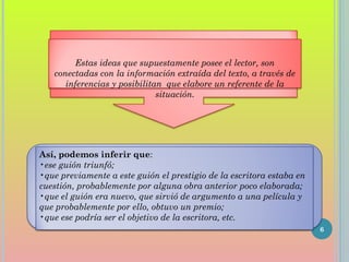 6
Estas ideas que supuestamente posee el lector, son
conectadas con la información extraída del texto, a través de
inferencias y posibilitan que elabore un referente de la
situación.
Así, podemos inferir que:
•ese guión triunfó;
•que previamente a este guión el prestigio de la escritora estaba en
cuestión, probablemente por alguna obra anterior poco elaborada;
•que el guión era nuevo, que sirvió de argumento a una película y
que probablemente por ello, obtuvo un premio;
•que ese podría ser el objetivo de la escritora, etc.
 