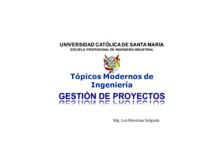 Tópicos Modernos de
Ingeniería
GESTIÓN DE PROYECTOSGESTIÓN DE PROYECTOS
Mg.	Luis	Montoya	Delgado
UNIVERSIDAD CATÓLICA DE SANTA MARIA
ESCUELA PROFESIONAL DE INGENIERÍA INDUSTRIAL
 