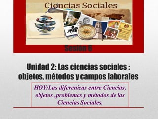 Sesión 6
Unidad 2: Las ciencias sociales :
objetos, métodos y campos laborales
HOY:Las diferenicas entre Ciencias,
objetos ,problemas y métodos de las
Ciencias Sociales.
 