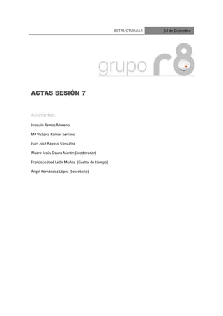 ESTRUCTURAS I   14 de Diciembre




ACTAS SESIÓN 7


Asistentes:
Joaquín Ramos Moreno

Mª Victoria Ramos Serrano

Juan José Raposo González

Álvaro Jesús Osuna Martín (Moderador)

Francisco José León Muñoz (Gestor de tiempo)

Ángel Fernández López (Secretario)
 