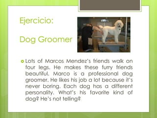 Ejercicio: Dog Groomer 
Lots of Marcos Mendez’s friends walk on four legs. He makes these furry friends beautiful. Marco is a professional dog groomer. He likes his job a lot because it’s never boring. Each dog has a different personality. What’s his favorite kind of dog? He’s not telling?  
