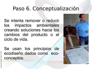 Paso 6. Conceptualización

                              Se intenta remover o reducir
                              los impactos ambientales
                              creando soluciones hacia los
                              cambios del producto o el
                              ciclo de vida.

                              Se usan los principios de
                              ecodiseño dados como eco-
Layout by orngjce223, CC-BY




                              conceptos.
 