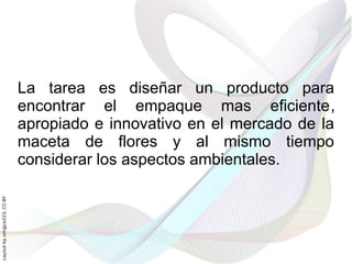 La tarea es diseñar un producto para
                              encontrar el empaque mas eficiente,
                              apropiado e innovativo en el mercado de la
                              maceta de flores y al mismo tiempo
                              considerar los aspectos ambientales.
Layout by orngjce223, CC-BY
 