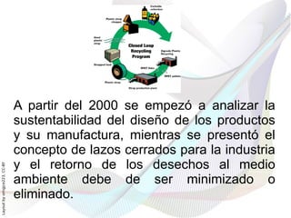 A partir del 2000 se empezó a analizar la
                              sustentabilidad del diseño de los productos
                              y su manufactura, mientras se presentó el
                              concepto de lazos cerrados para la industria
                              y el retorno de los desechos al medio
Layout by orngjce223, CC-BY




                              ambiente debe de ser minimizado o
                              eliminado.
 