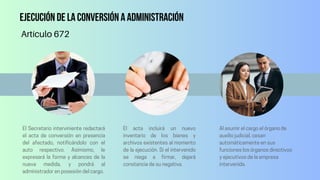 Ejecución de la conversión a administración
El Secretario interviniente redactará
el acta de conversión en presencia
del afectado, notificándolo con el
auto respectivo. Asimismo, le
expresará la forma y alcances de la
nueva medida, y pondrá al
administrador en posesión del cargo.
El acta incluirá un nuevo
inventario de los bienes y
archivos existentes al momento
de la ejecución. Si el intervenido
se niega a firmar, dejará
constancia de su negativa.
Al asumir el cargo el órgano de
auxilio judicial, cesan
automáticamente en sus
funciones los órganos directivos
y ejecutivos de la empresa
intervenida.
Artículo 672
 