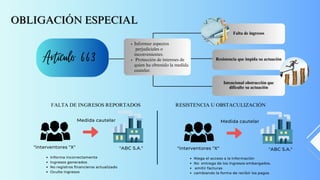 Falta de ingresos
Resistencia que impida su actuación
Intencional obstrucción que
dificulte su actuación
O﻿
BLIGACIÓN ESPECIAL
O﻿
BLIGACIÓN ESPECIAL
Artículo 663
Informar aspectos
perjudiciales o
inconvenientes.
Protección de intereses de
quien ha obtenido la medida
cautelar.
"ABC S.A."
"interventores "X"
Informa incorrectamente
Ingresos generados
No registros financieros actualizado
Oculte ingresos
Medida cautelar
FALTA DE INGRESOS REPORTADOS
"ABC S.A."
"interventores "X"
Niega el acceso a la información
No entrega de los ingresos embargados.
emitir facturas
cambiando la forma de recibir los pagos
Medida cautelar
RESISTENCIA U OBSTACULIZACIÓN
 