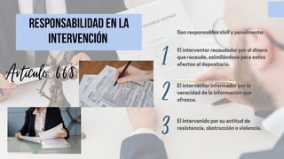 Responsabilidad en la
intervención
1
2
3
El interventor recaudador por el dinero
que recaude, asimilándose para estos
efectos al depositario.
El interventor informador por la
veracidad de la información que
ofrezca.
El intervenido por su actitud de
resistencia, obstrucción o violencia.
Artículo 668
Son responsables civil y penalmente:
 