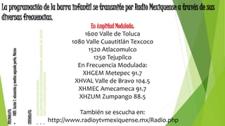 La programación de la barra infantil se transmite por Radio Mexiquense a través de sus
diversas frecuencias.
En Amplitud Modulada:
1600 Valle de Toluca
1080 Valle Cuautitlán Texcoco
1520 Atlacomulco
1250 Tejupilco
En Frecuencia Modulada:
XHGEM Metepec 91.7
XHVAL Valle de Bravo 104.5
XHMEC Amecameca 91.7
XHZUM Zumpango 88.5
También se escucha en:
http://www.radioytvmexiquense.mx/Radio.php
BIBLIOGRAFÍA
•UNID.Sesión7.educaciónymediossegundaparte.México
CIBERGRAFÍA
•https://www.facebook.com/los.madrugadores
•http://qacontent.edomex.gob.mx/idc/groups/public/documents/edomex_archivo/reconocer_pdf_valor92.pdf
•http://www.revistacomunicar.com/pdf/comunicar8.pdf
 