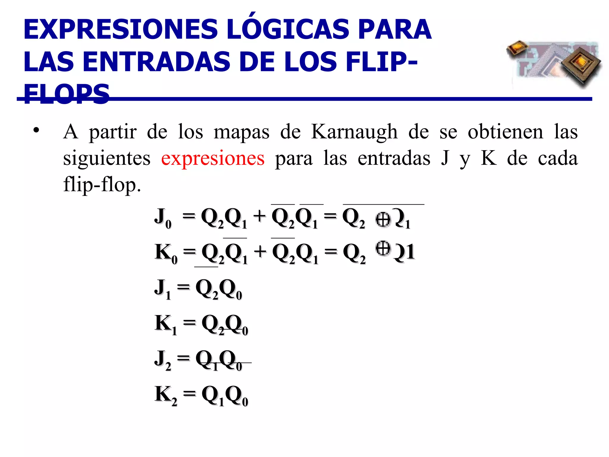 EXPRESIONES LÓGICAS PARA LAS ENTRADAS DE LOS FLIP-FLOPS A partir de los mapas de Karnaugh de se obtienen las siguientes  expresiones  para las entradas J y K de cada flip-flop. J 0   = Q 2 Q 1  + Q 2 Q 1  = Q 2  Q 1   K 0  = Q 2 Q 1  + Q 2 Q 1  = Q 2  Q1  J 1  = Q 2 Q 0   K 1  = Q 2 Q 0 J 2  = Q 1 Q 0 K 2  = Q 1 Q 0 