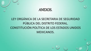 ANEXOS.
LEY ORGÁNICA DE LA SECRETARIA DE SEGURIDAD
PÚBLICA DEL DISTRITO FEDERAL.
CONSTITUCIÓN POLÍTICA DE LOS ESTADOS UNIDOS
MEXICANOS.
 