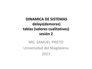 DINAMICA DE SISTEMAS
delays(demoras)
tablas (valores cualitativos)
sesión 2
MG. SAMUEL PRIETO
Universidad del Magdalena
2013
 