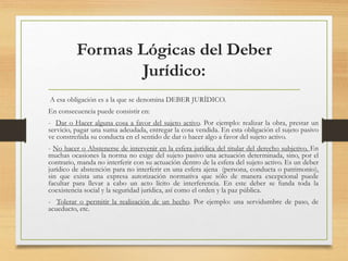 Formas Lógicas del Deber
Jurídico:
A esa obligación es a la que se denomina DEBER JURÍDICO.
En consecuencia puede consistir en:
- Dar o Hacer alguna cosa a favor del sujeto activo. Por ejemplo: realizar la obra, prestar un
servicio, pagar una suma adeudada, entregar la cosa vendida. En esta obligación el sujeto pasivo
ve constreñida su conducta en el sentido de dar o hacer algo a favor del sujeto activo.
- No hacer o Abstenerse de intervenir en la esfera jurídica del titular del derecho subjetivo. En
muchas ocasiones la norma no exige del sujeto pasivo una actuación determinada, sino, por el
contrario, manda no interferir con su actuación dentro de la esfera del sujeto activo. Es un deber
jurídico de abstención para no interferir en una esfera ajena (persona, conducta o patrimonio),
sin que exista una expresa autorización normativa que sólo de manera excepcional puede
facultar para llevar a cabo un acto lícito de interferencia. En este deber se funda toda la
coexistencia social y la seguridad jurídica, así como el orden y la paz pública.
- Tolerar o permitir la realización de un hecho. Por ejemplo: una servidumbre de paso, de
acueducto, etc.
 